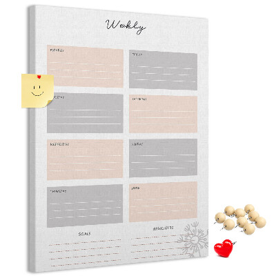 Tablero de corcho planificador semanal con secciones de colores
