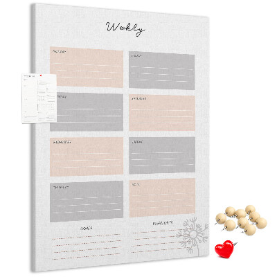 Tablero de corcho planificador semanal con secciones de colores