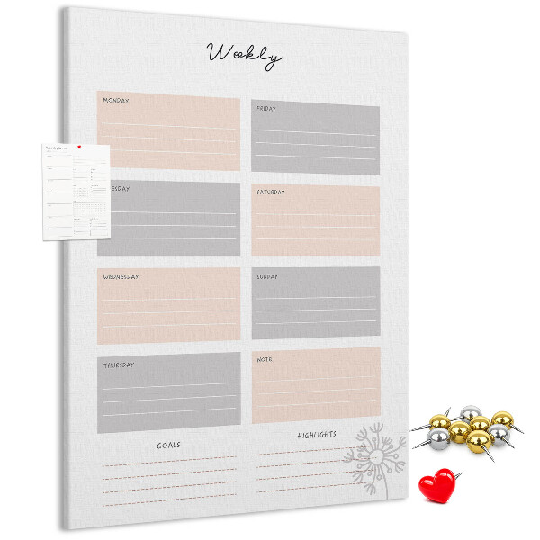 Tablero de corcho planificador semanal con secciones de colores