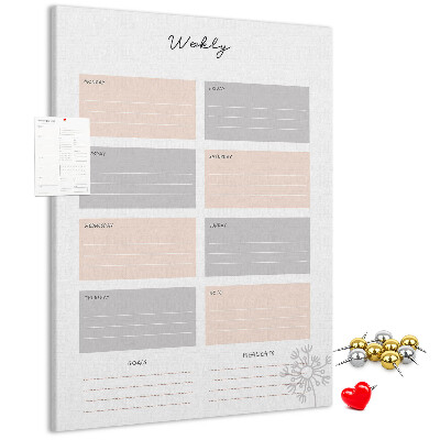 Tablero de corcho planificador semanal con secciones de colores