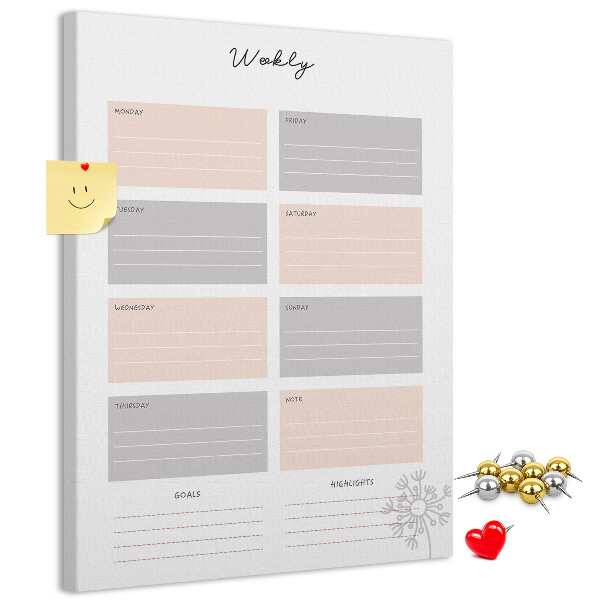 Tablero de corcho planificador semanal con secciones de colores