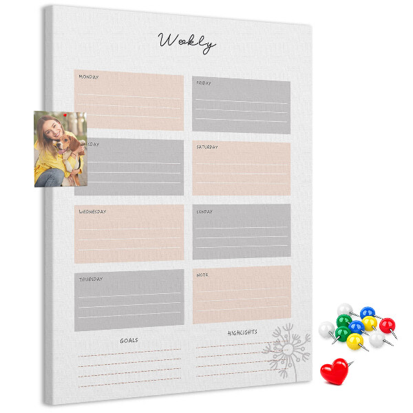 Tablero de corcho planificador semanal con secciones de colores