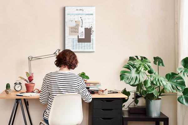Pizarra de corcho decorativa planificador mensual con diseño floral