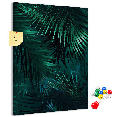 Tablero de corcho para pared Hojas tropicales en tonos verdes intensos.