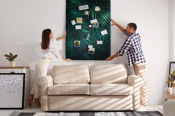 Tablero de corcho para pared con diseño de hojas tropicales en tonos verdes intensos