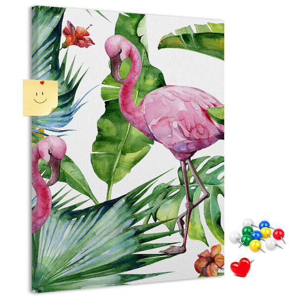 Tablón de corcho con diseño de flamencos en entorno tropical