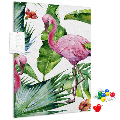 Tablón de corcho con diseño de flamencos en entorno tropical