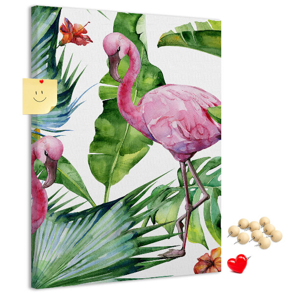 Tablón de corcho con diseño de flamencos en entorno tropical