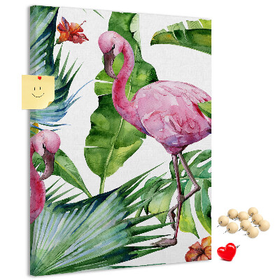 Tablón de corcho con diseño de flamencos en entorno tropical