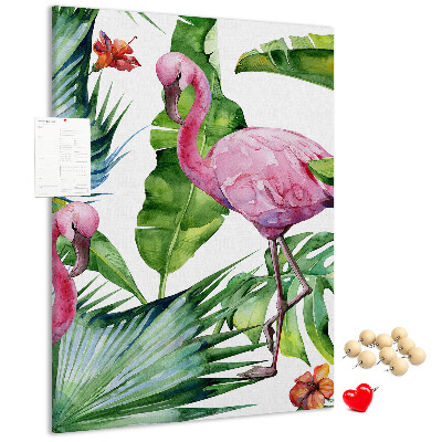 Tablón de corcho con diseño de flamencos en entorno tropical