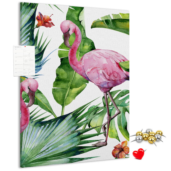 Tablón de corcho con diseño de flamencos en entorno tropical
