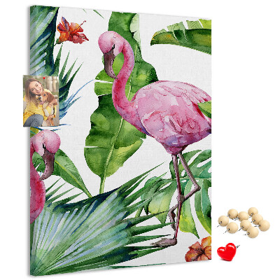 Tablón de corcho con diseño de flamencos en entorno tropical