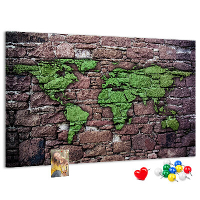 Pizarra de corcho mapamundi en diseño de pared de piedra verde