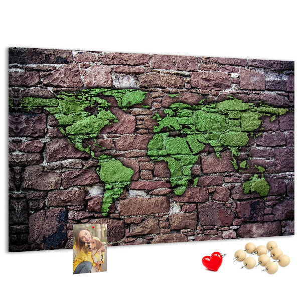 Pizarra de corcho mapamundi en diseño de pared de piedra verde