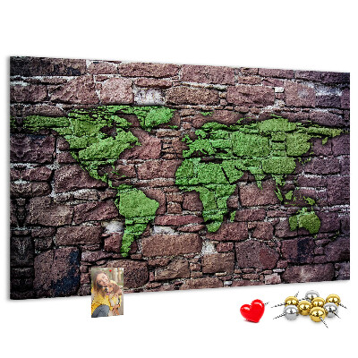 Pizarra de corcho mapamundi en diseño de pared de piedra verde