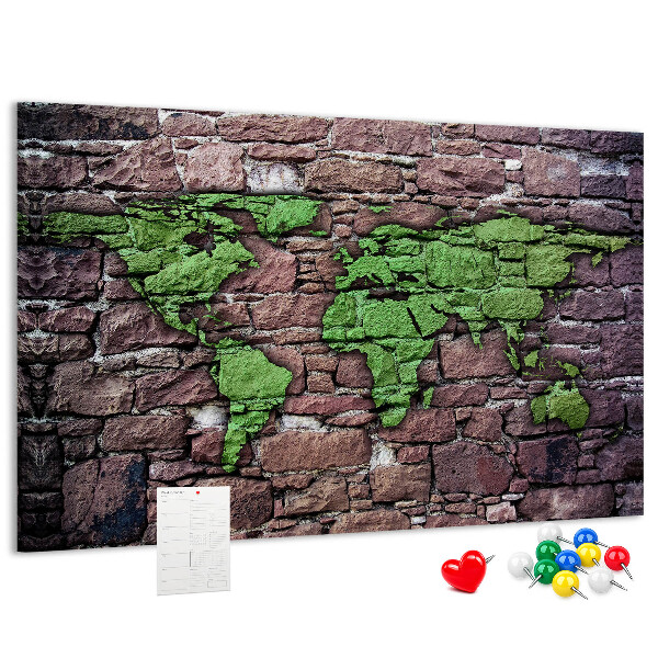 Pizarra de corcho mapamundi en diseño de pared de piedra verde