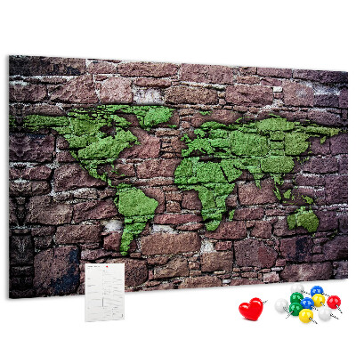Pizarra de corcho mapamundi en diseño de pared de piedra verde