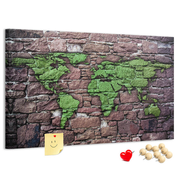 Pizarra de corcho mapamundi en diseño de pared de piedra verde