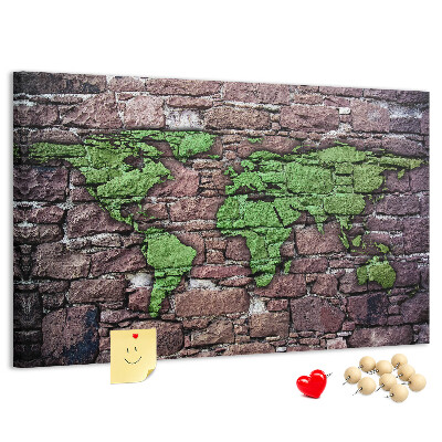 Pizarra de corcho mapamundi en diseño de pared de piedra verde
