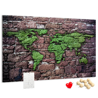 Pizarra de corcho mapamundi en diseño de pared de piedra verde