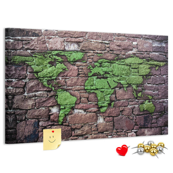 Pizarra de corcho mapamundi en diseño de pared de piedra verde