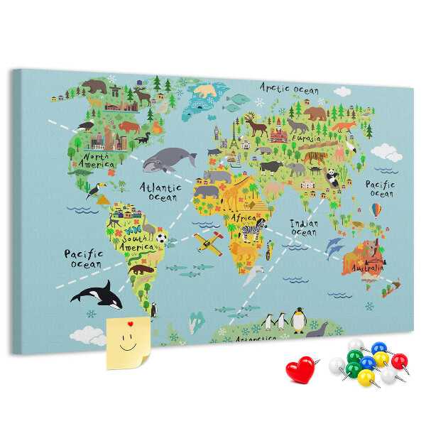 Tablero de corcho decorativo mapa mundial colorido con animales y continentes