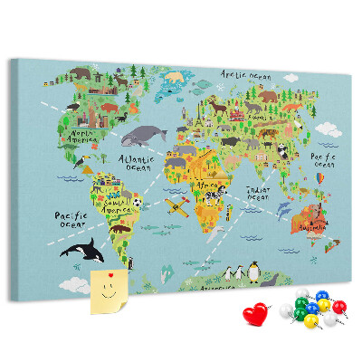 Tablero de corcho decorado Mapa mundial colorido con animales y continentes.