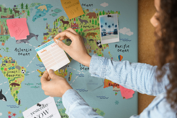 Tablero de corcho decorativo mapa mundial colorido con animales y continentes