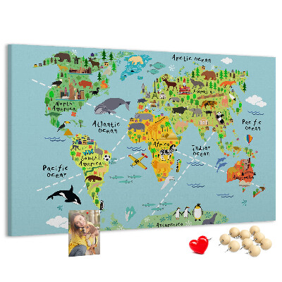 Tablero de corcho decorativo mapa mundial colorido con animales y continentes