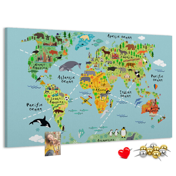 Tablero de corcho decorativo mapa mundial colorido con animales y continentes