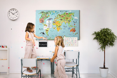 Tablero de corcho decorativo mapa mundial colorido con animales y continentes