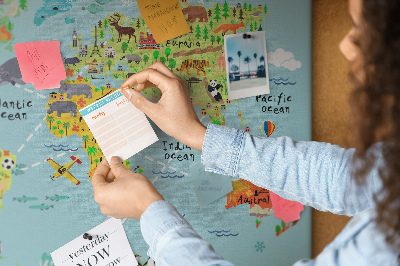 Tablero de corcho decorativo mapa mundial colorido con animales y continentes