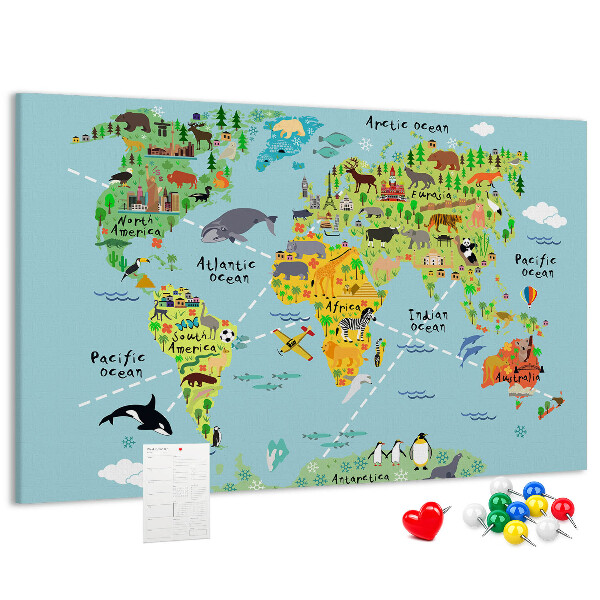 Tablero de corcho decorativo mapa mundial colorido con animales y continentes