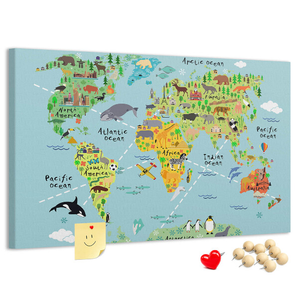 Tablero de corcho decorativo mapa mundial colorido con animales y continentes