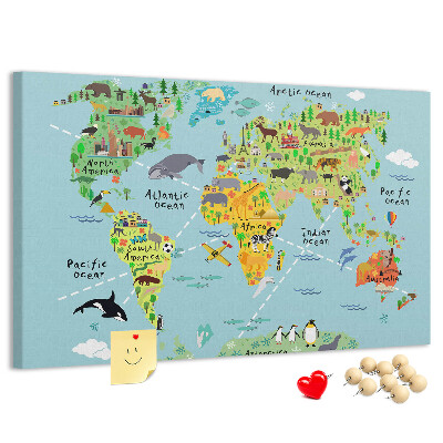 Tablero de corcho decorativo mapa mundial colorido con animales y continentes