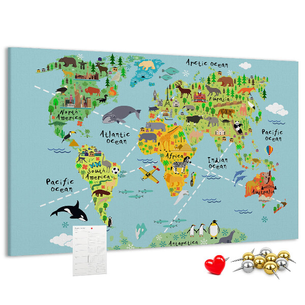 Tablero de corcho decorativo mapa mundial colorido con animales y continentes