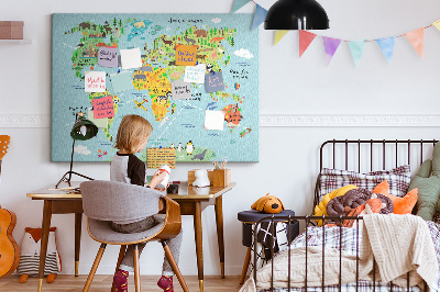 Tablero de corcho decorativo mapa mundial colorido con animales y continentes