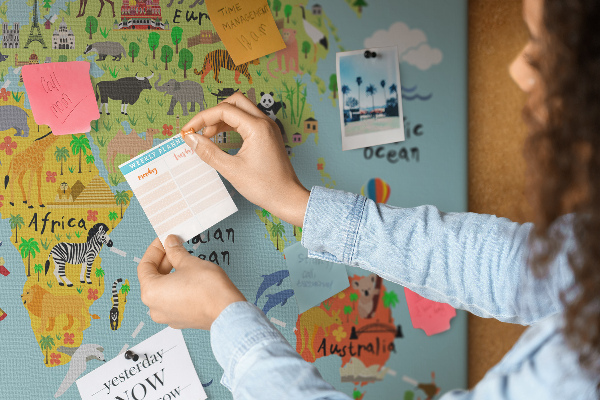 Tablero de corcho decorativo mapa mundial colorido con animales y continentes