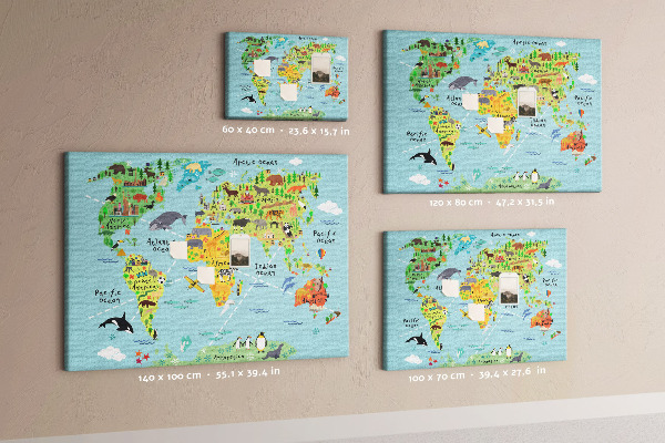 Tablero de corcho decorativo mapa mundial colorido con animales y continentes