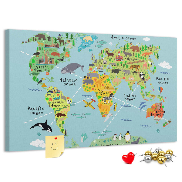 Tablero de corcho decorativo mapa mundial colorido con animales y continentes