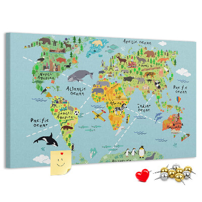 Tablero de corcho decorativo mapa mundial colorido con animales y continentes
