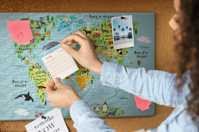 Tablero de corcho decorativo mapa mundial colorido con animales y continentes