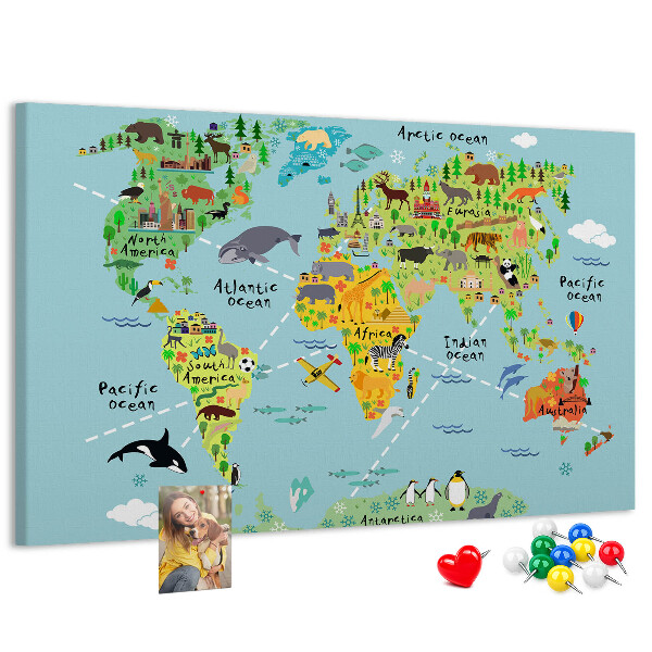 Tablero de corcho decorativo mapa mundial colorido con animales y continentes