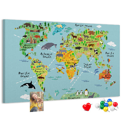 Tablero de corcho decorativo mapa mundial colorido con animales y continentes