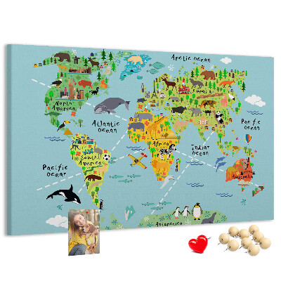 Tablero de corcho decorativo mapa mundial colorido con animales y continentes