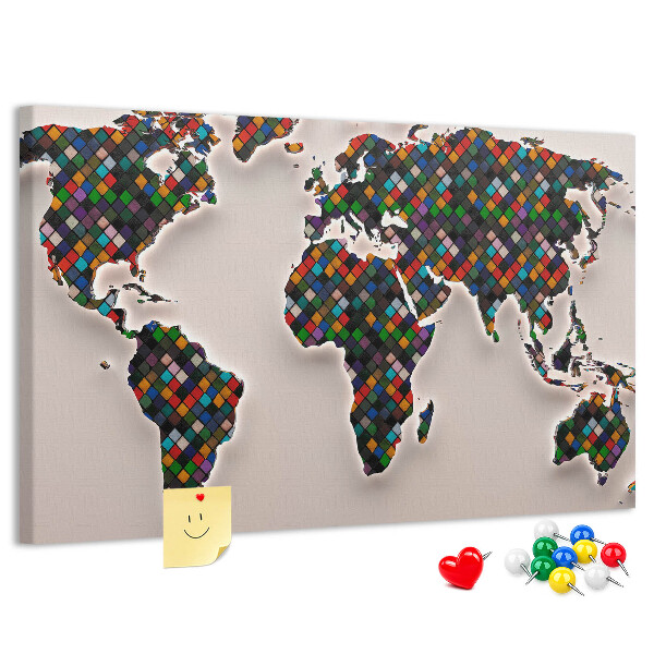 Mapa del mundo de corcho diseño a color con cuadrados