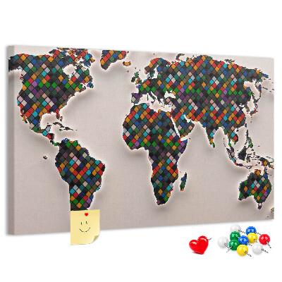 Pizarra de corcho Mapa del mundo a color con cuadrados