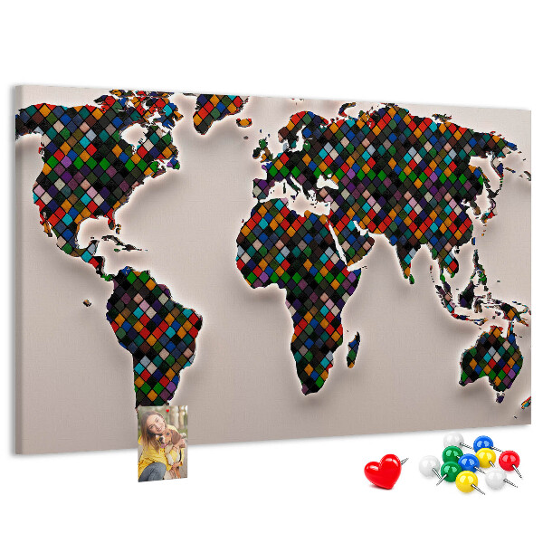 Mapa del mundo de corcho diseño a color con cuadrados
