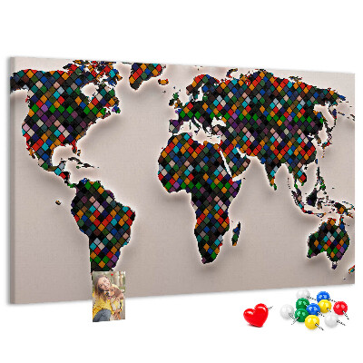 Mapa del mundo de corcho diseño a color con cuadrados
