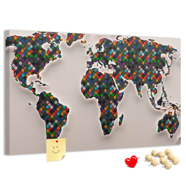Mapa del mundo de corcho diseño a color con cuadrados